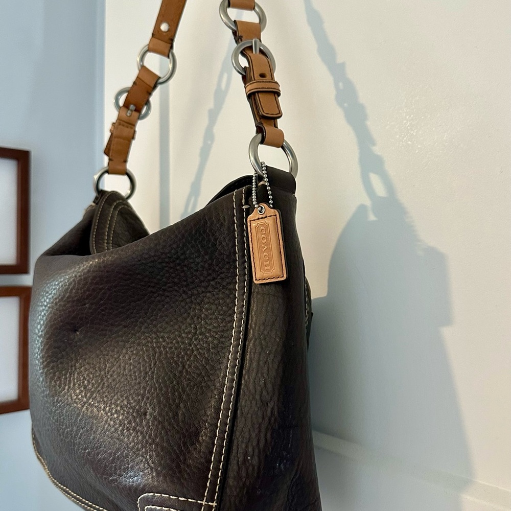 Coach Dark Brown Pebbled Leather Shoulder Bag with Tan Leather Strap - Picture 3 of 6